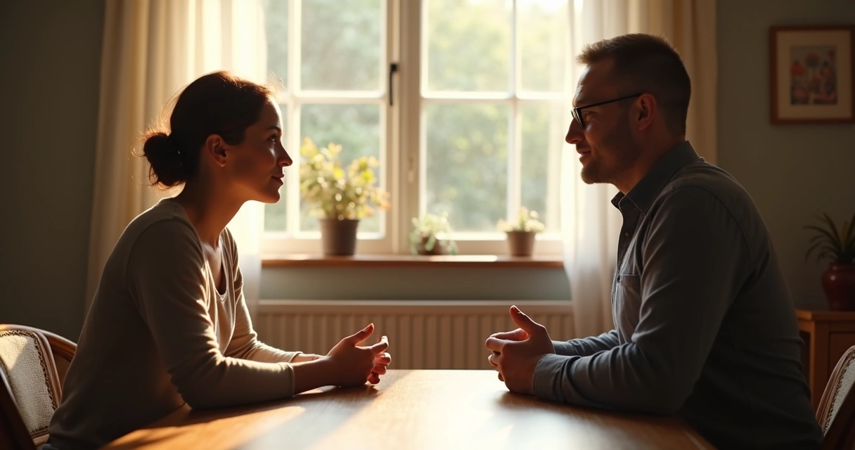Woman and man sitting at a table, calmly discussing boundaries 