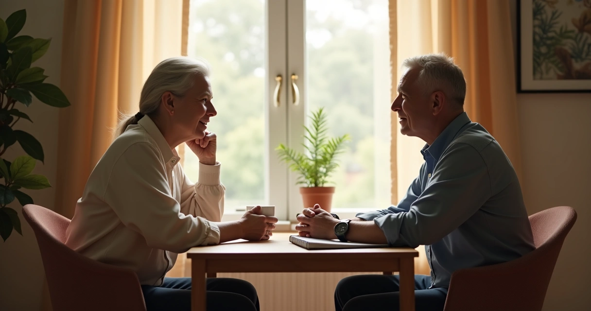 Two adults having a calm conversation at a table