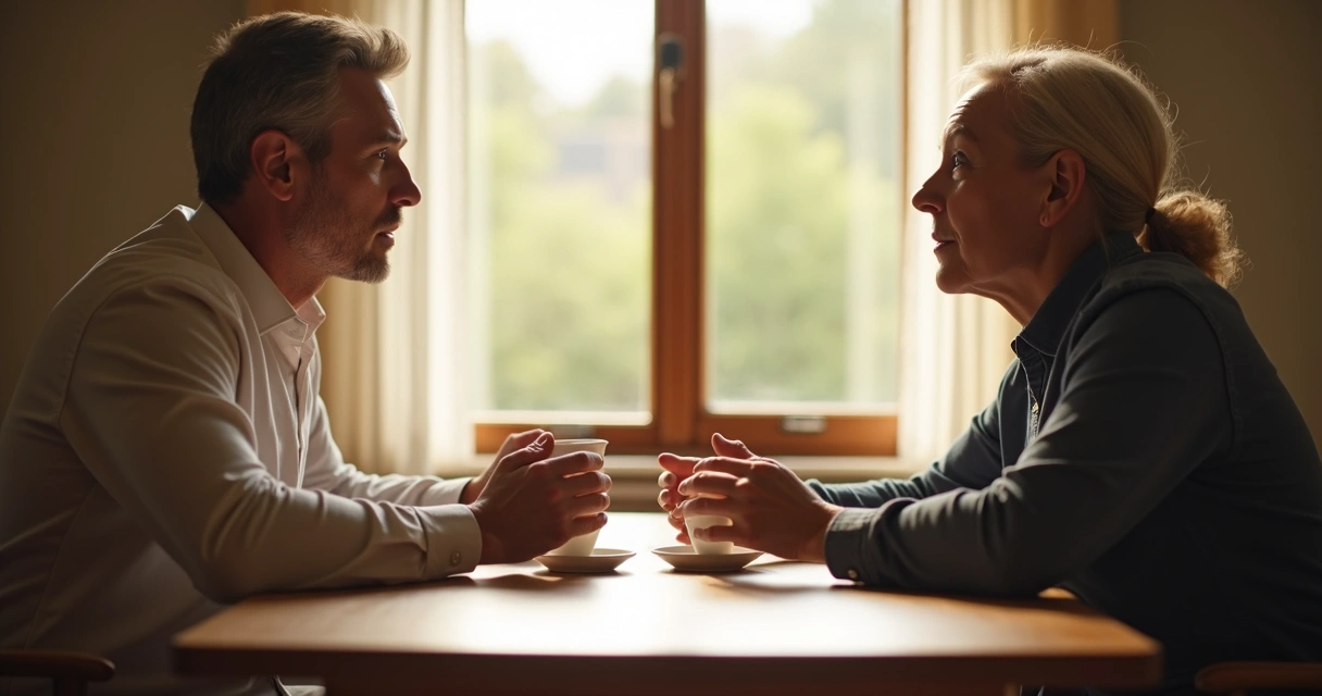Two people having an honest conversation sitting at a table