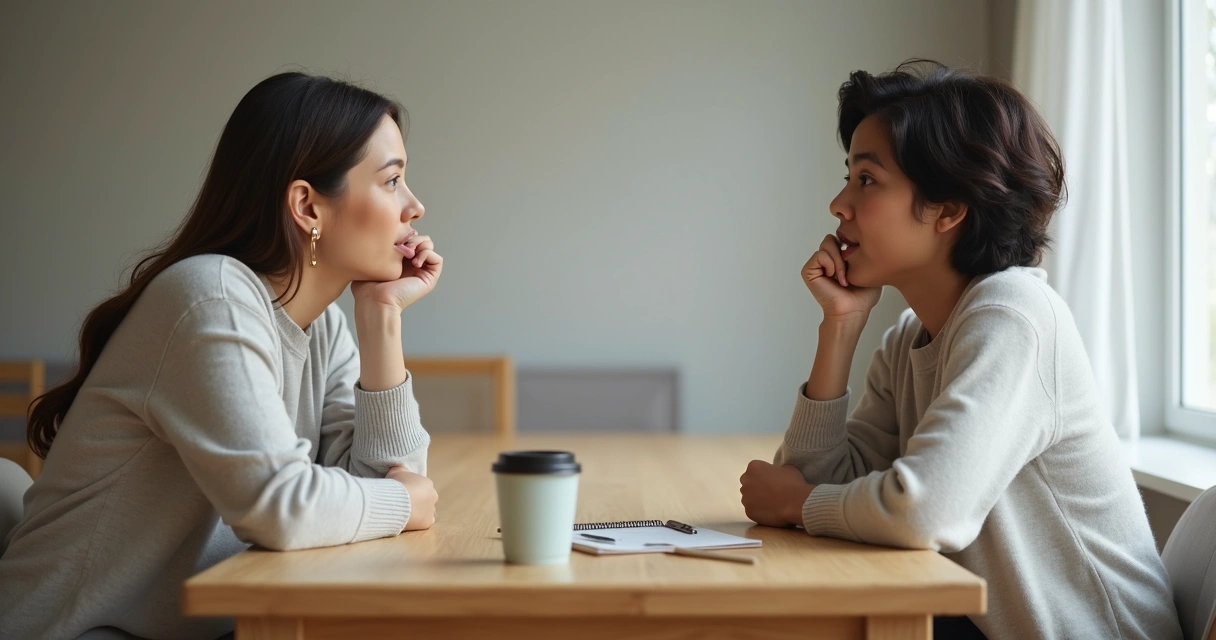 Two people talking at a table, discussing emotions and boundaries