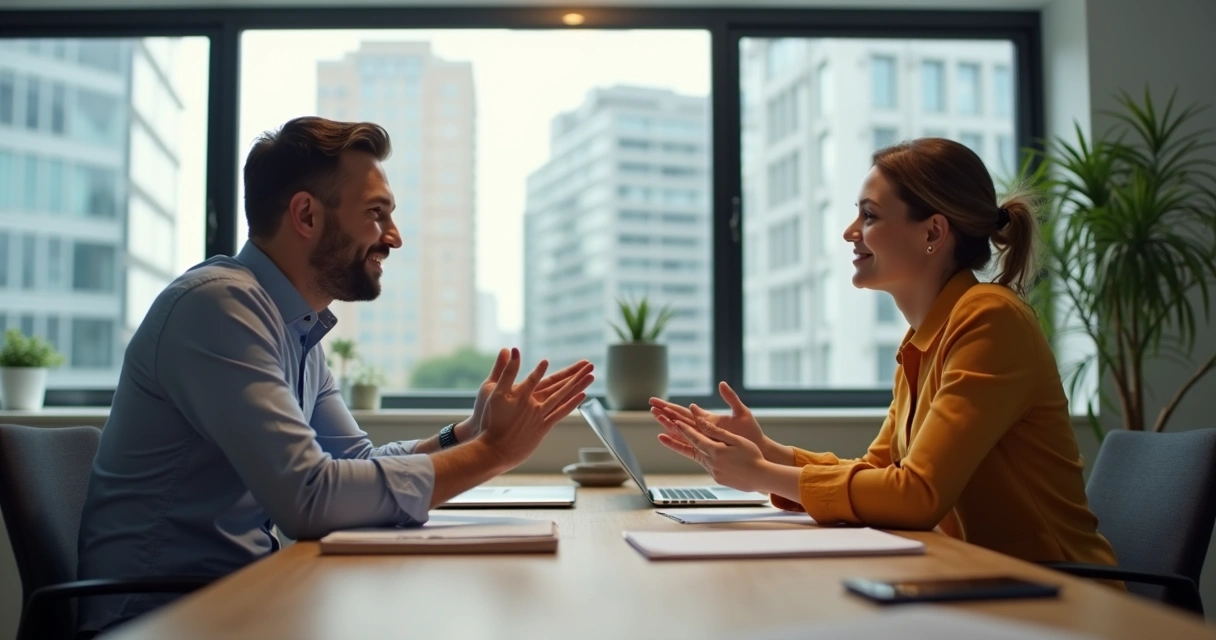 Two people discussing at a desk, one calmly expressing limits 