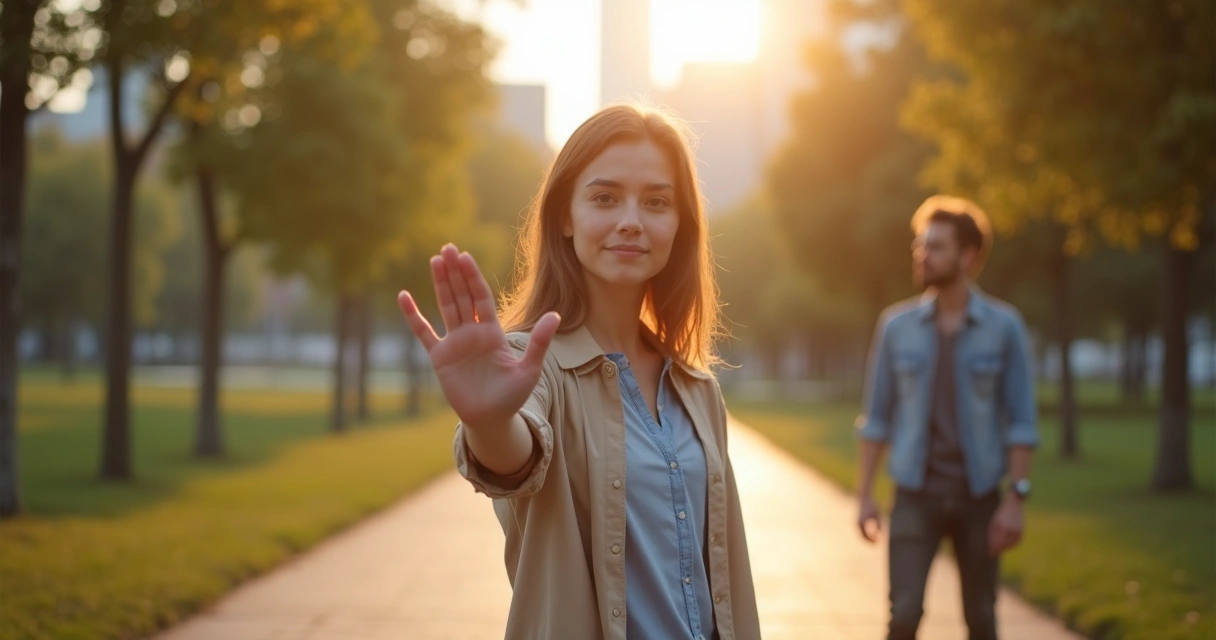 Person calmly setting a clear boundary with an open hand gesture in a modern city setting 