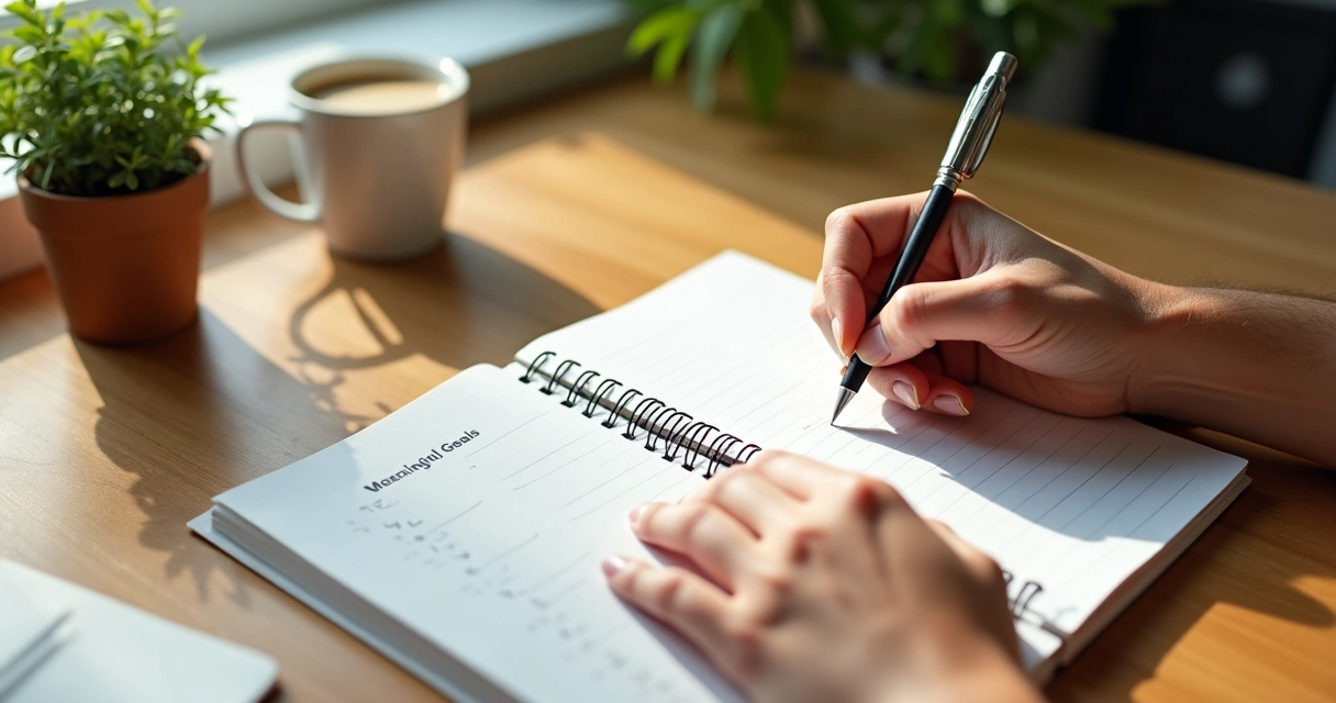 Person writing goals in notebook with coffee and plant nearby