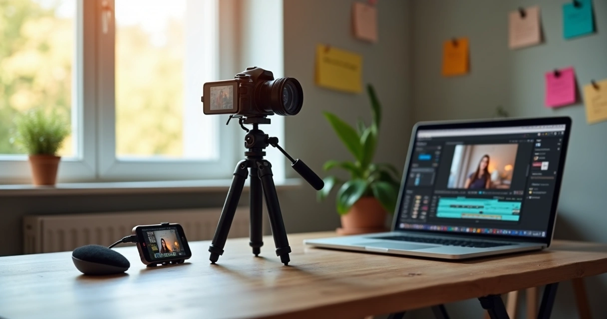 Espacio de grabación casero con cámara, micrófono y luz natural