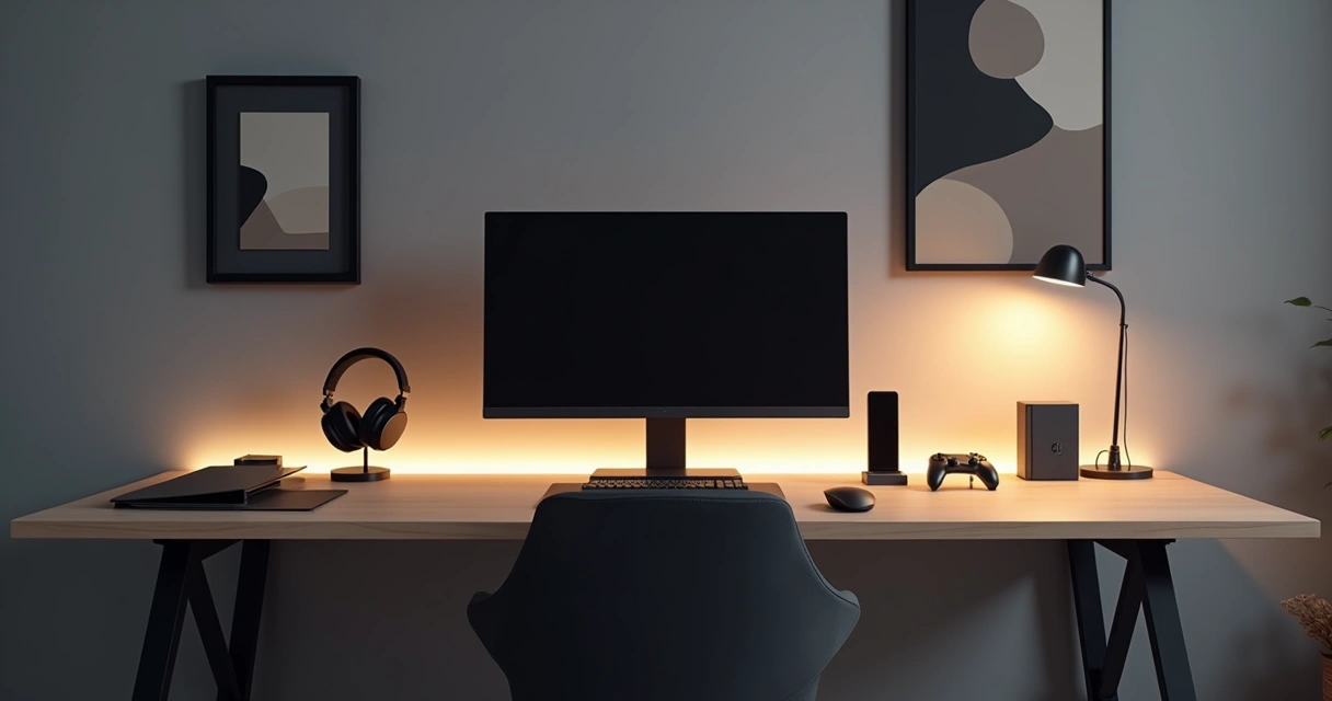 Setup clean minimalista noturno com mesa organizada e cabos escondidos 