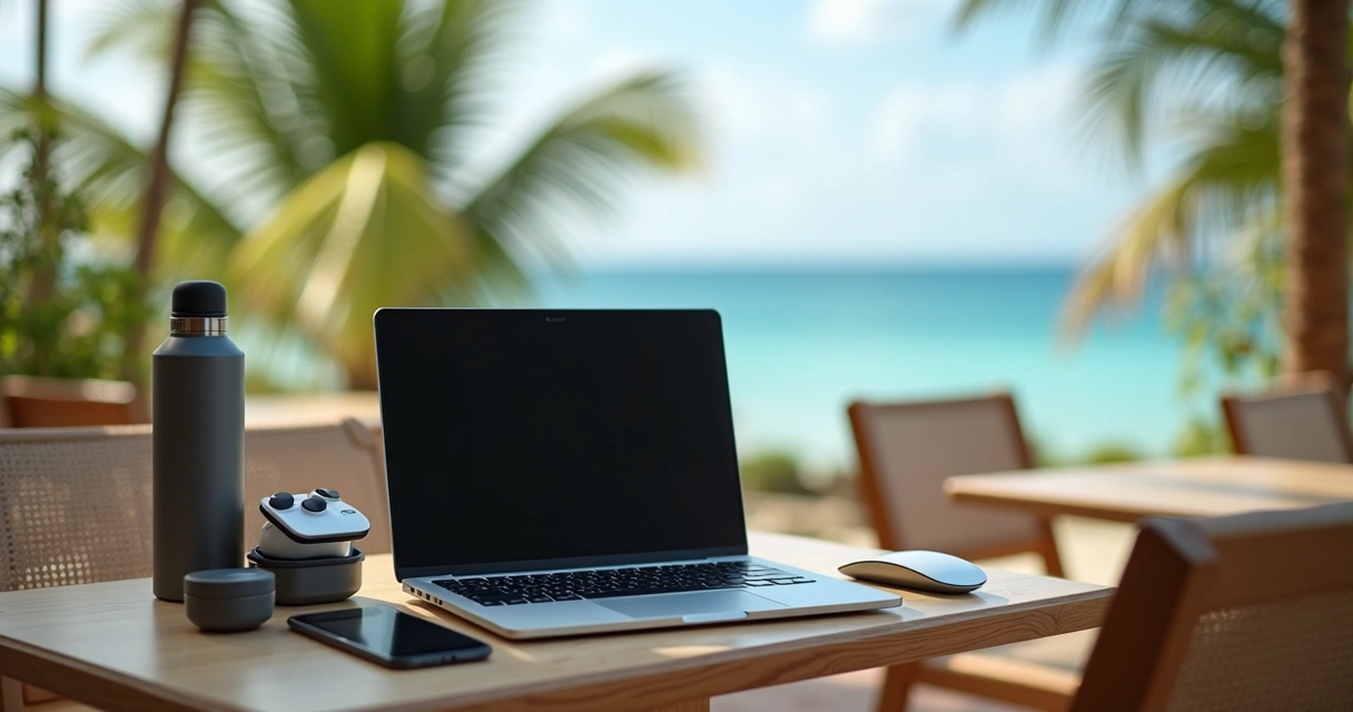Setup minimalista de trabalho portátil com tecnologia compacta 