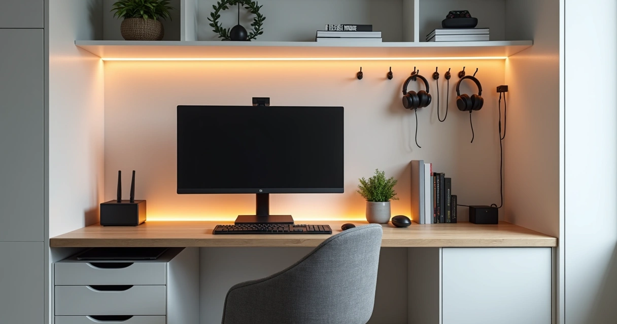 Setup compacto com bancada estreita, prateleiras verticais e acessórios organizados 