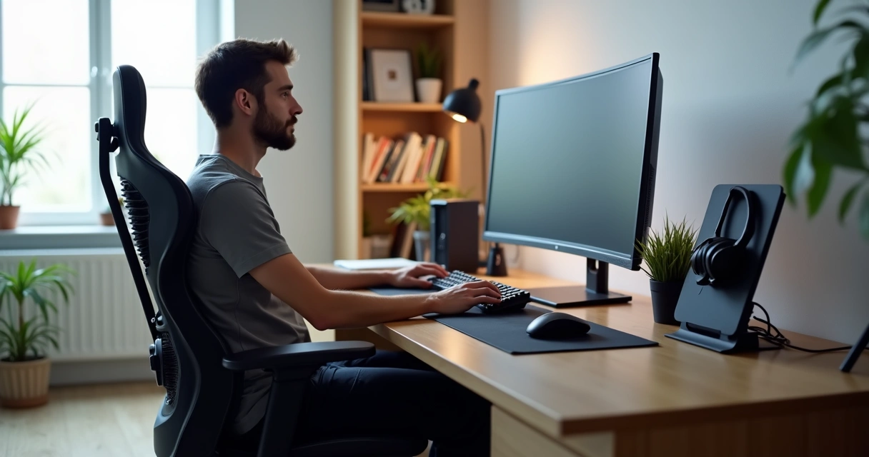 Vista lateral de pessoa usando setup ergonômico em mesa de computador moderna 