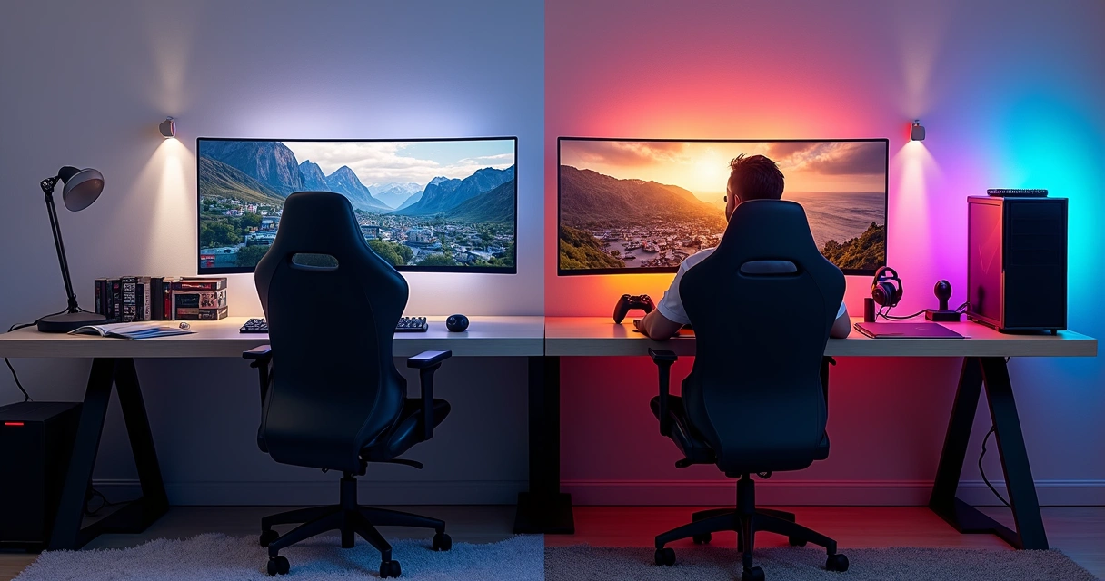 Mesa de computador mostrando metade do setup desorganizado e metade organizado lado a lado 