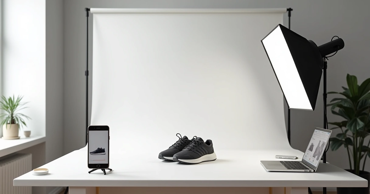 Setup fotográfico caseiro com produto em mesa branca para ecommerce 