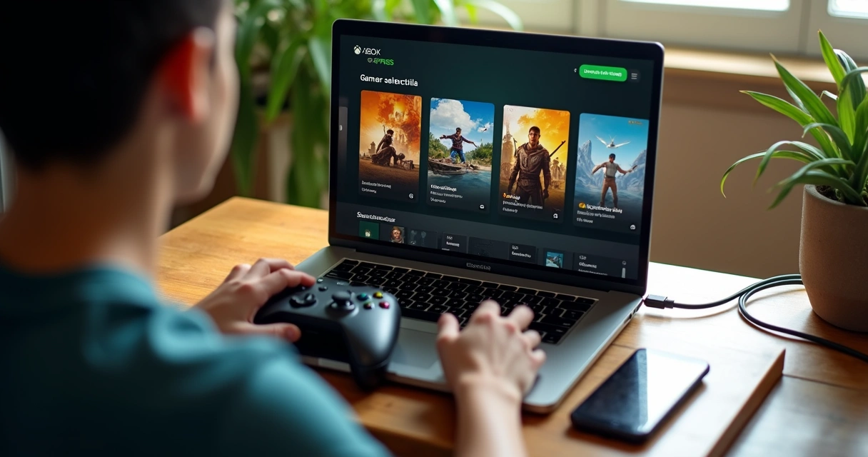 Pessoa jogando Game Pass em um notebook simples e controle ao lado 