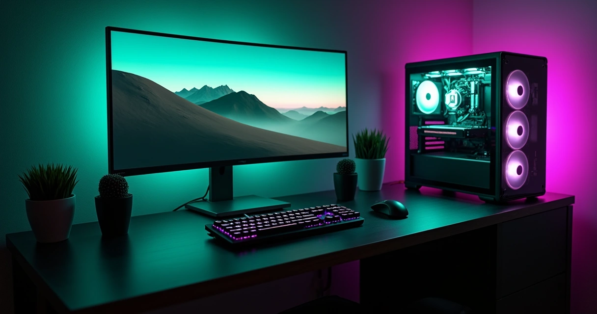 Setup gamer escuro com cabos organizados e iluminação verde e roxa 