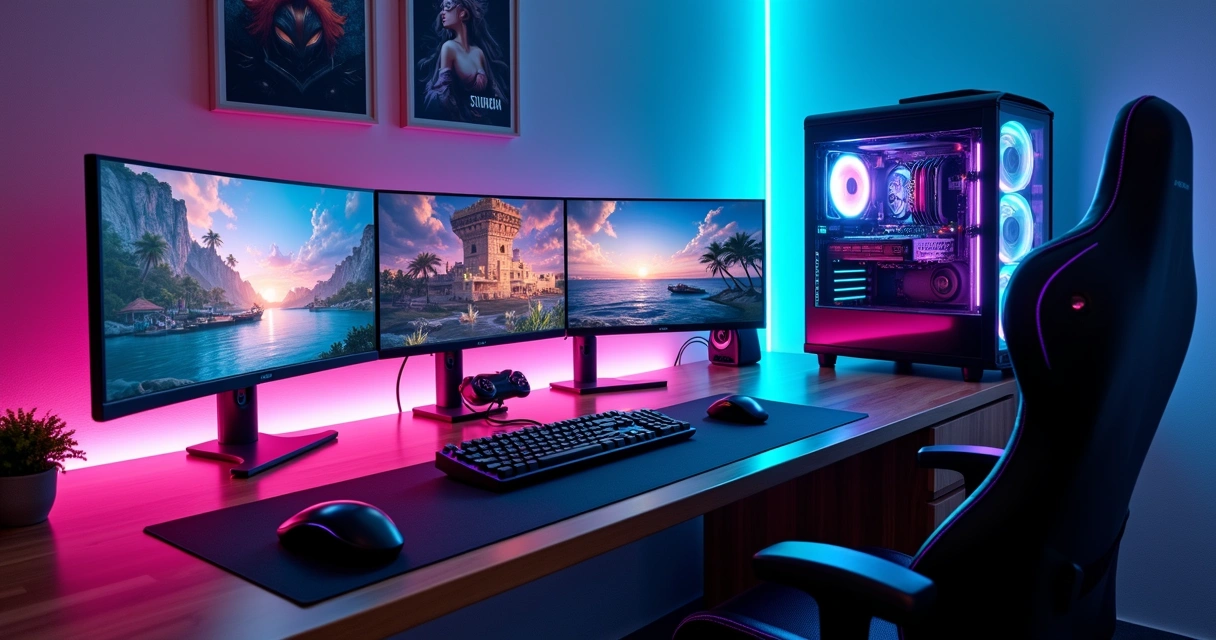 Setup gamer futurista com três monitores ultrawide e LEDs RGB em mesa minimalista 