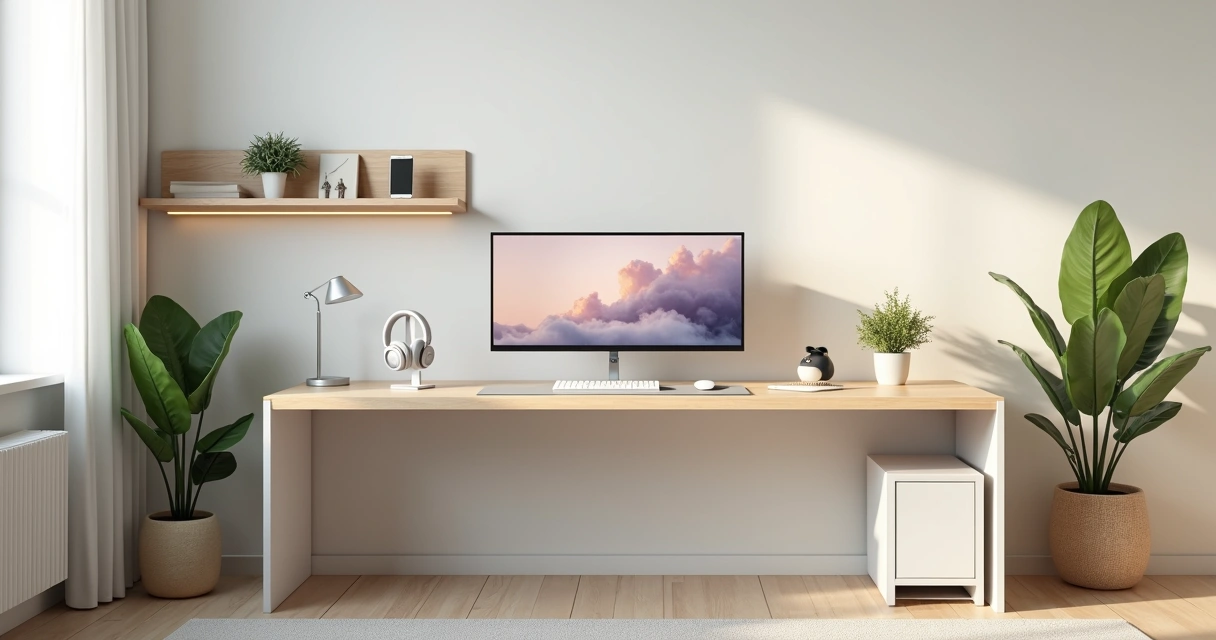 Setup gamer minimalista em mesa de madeira clara com poucos acessórios e luz natural 