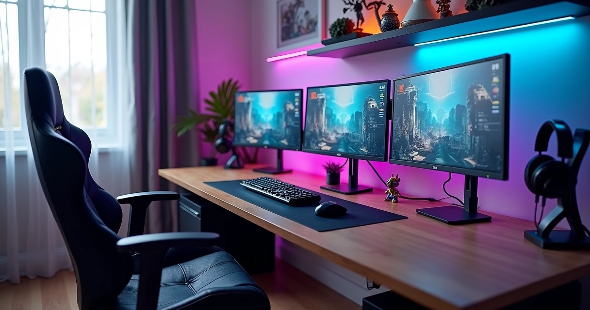 Setup gamer bem iluminado e organizado 