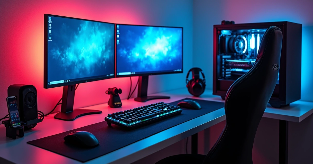 Setup gamer com mesa moderna, suportes de headset e iluminação RGB 