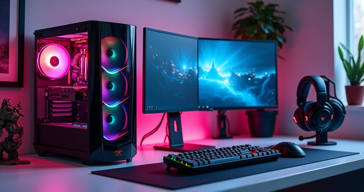 Setup gamer com headset em suporte 