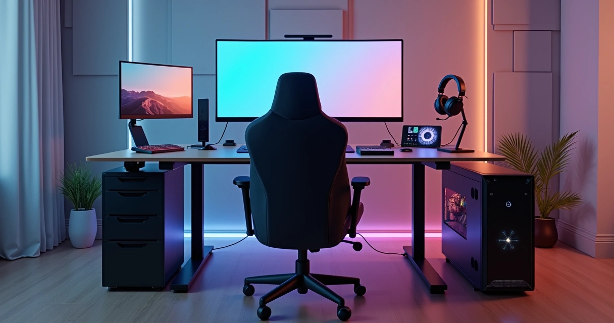 Setup gamer amplo e organizado com iluminação RGB colorida 