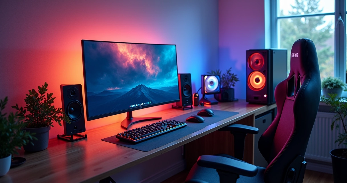 Setup premium com cadeira gamer e monitor grande 