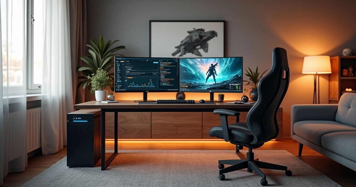 Setup de home office gamer integrado à sala de estar moderna 