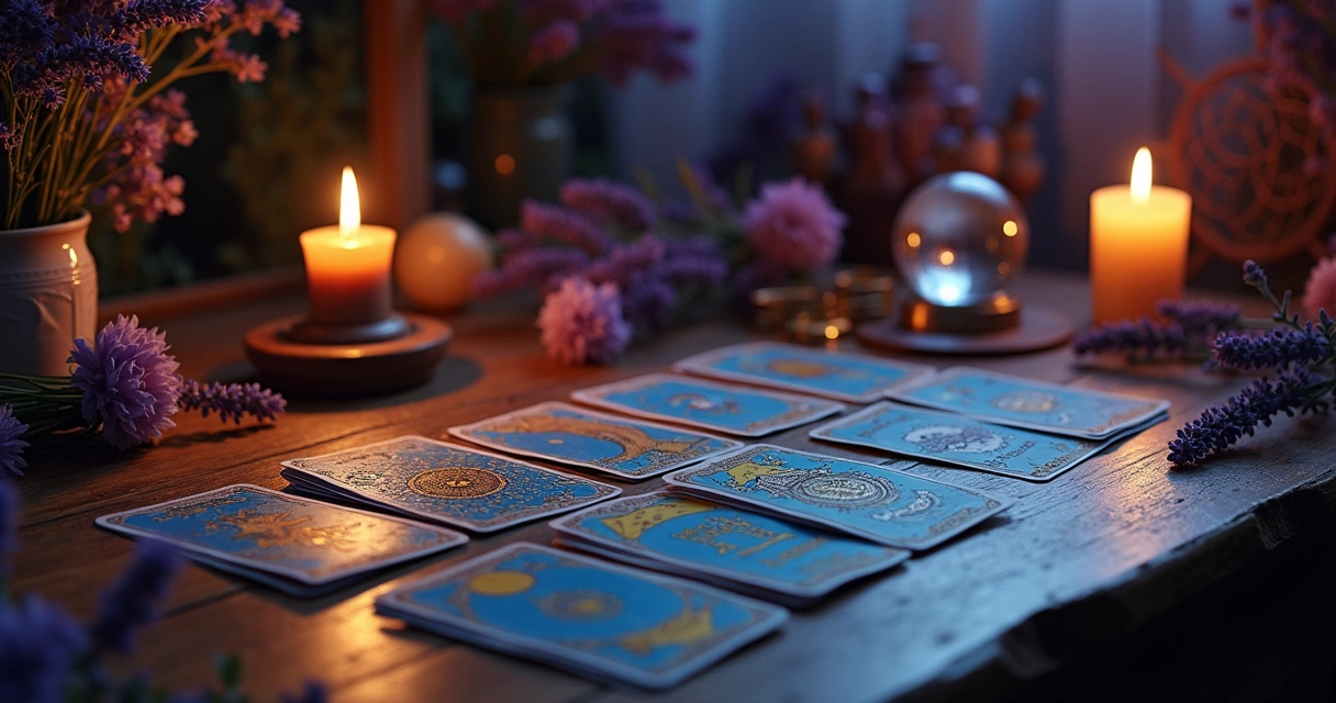Cartas de tarot dispostas em uma mesa rústica, com velas e plantas, evocando um ambiente místico.