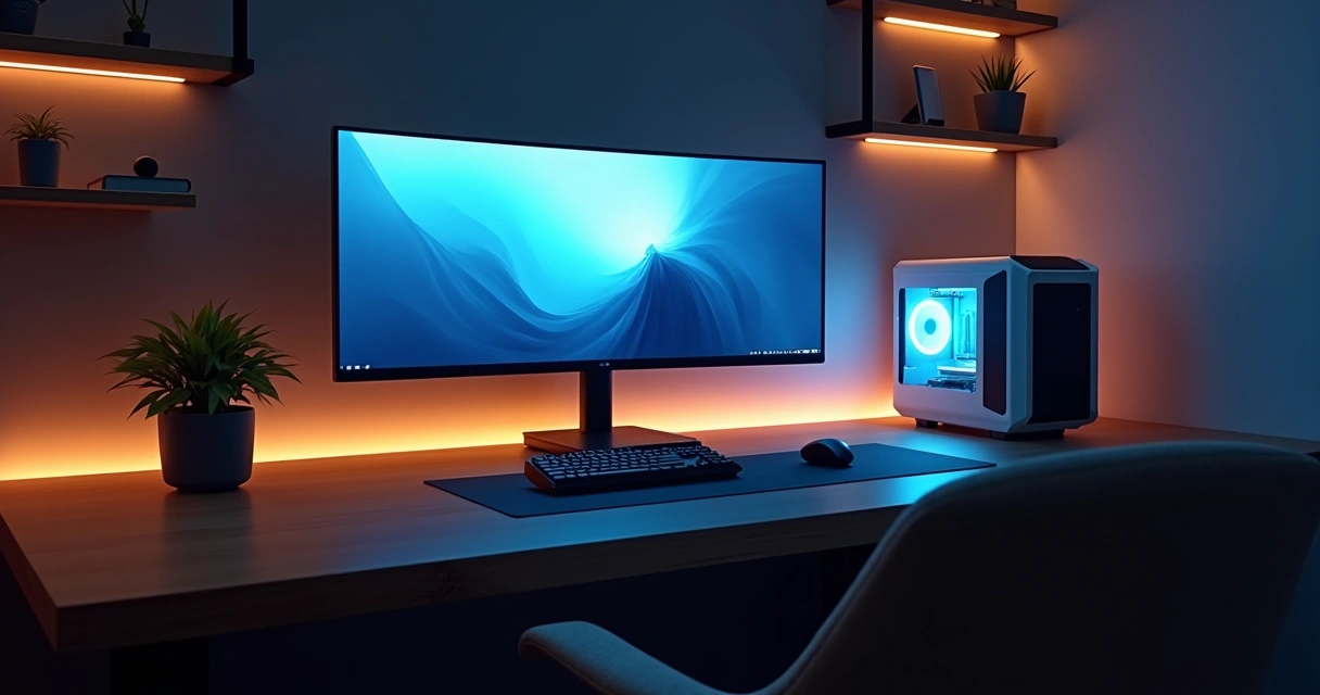Setup limpo com monitor ultrawide e mesa escura organizada 