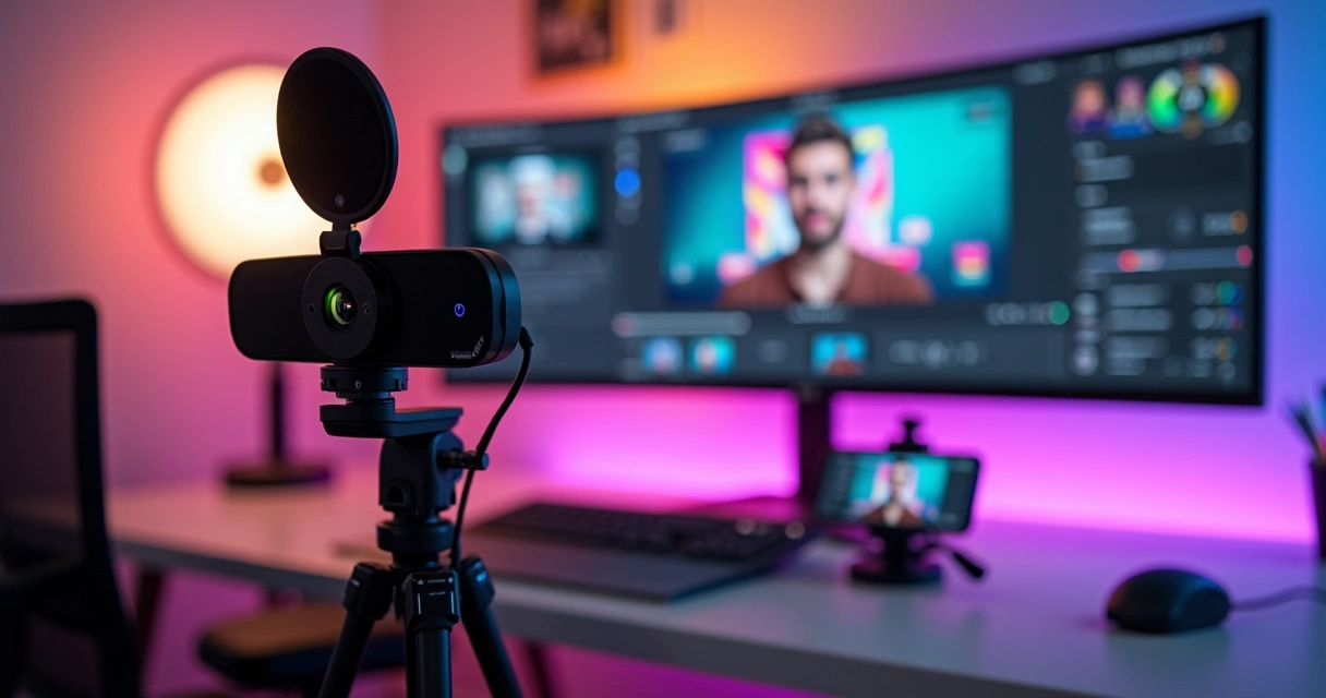 Professional live streaming setup on a desk, with webcam, microphone, lighting, screen, and custom background. 