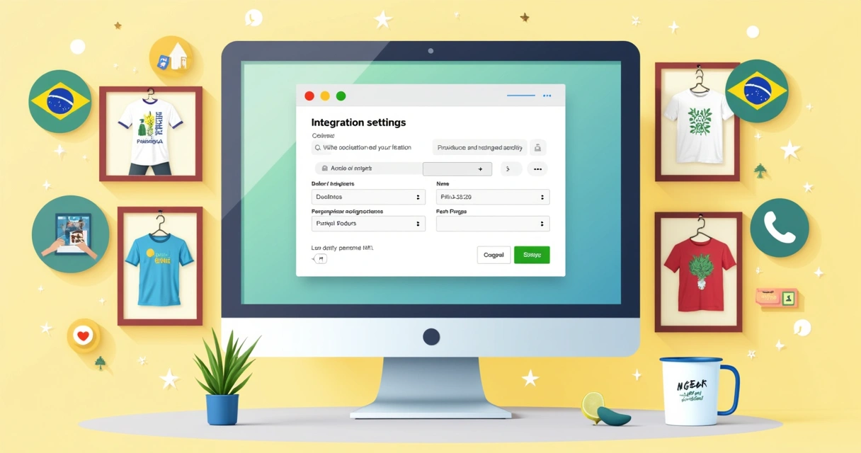 Tela de integração de loja personalizada com ilustrações de camisetas, canecas e quadros 