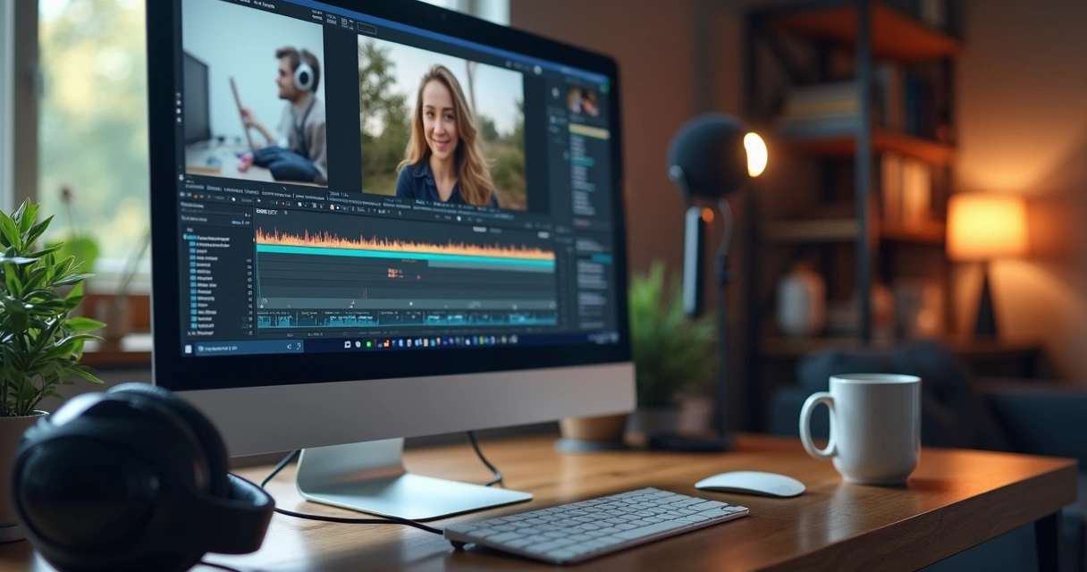 Mesa de trabalho com microfone e programa de edição aberto 
