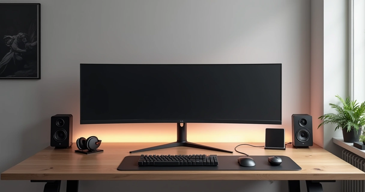 Setup gamer minimalista com mesa organizada, monitor ultrawide, poucos periféricos e iluminação suave. 