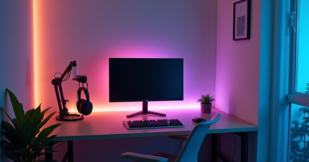 Setup minimalista com LEDs coloridos e poucos itens organizados 