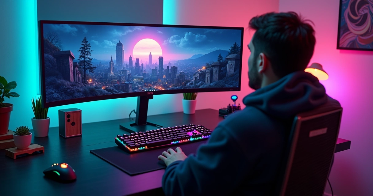 Setup gamer com monitor ajustável e acessórios 