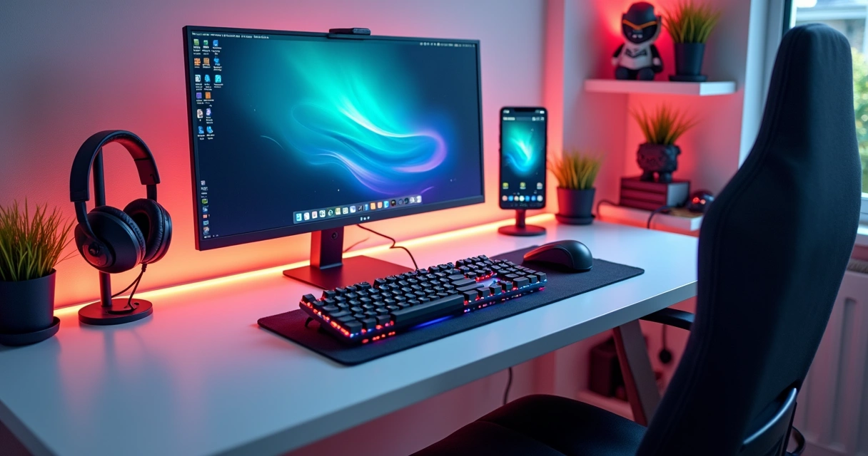 Setup de computador bem organizado com acessórios coloridos e suportes 