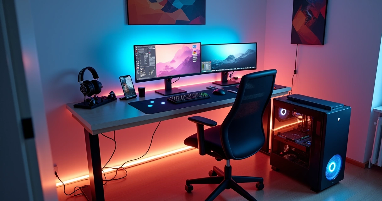 Mesa ampla com setup de PC gamer organizado e acessórios coloridos 