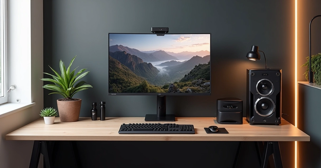 Setup personalizado com poucos itens de decoração e organização visual limpa. 