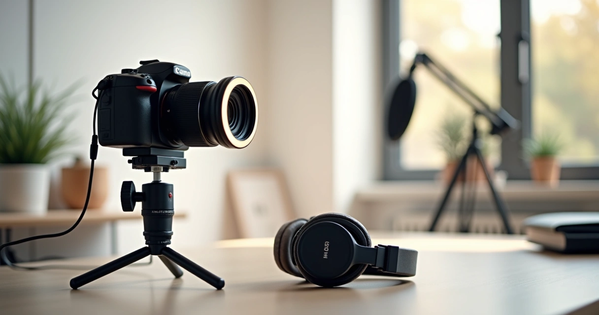 Setup de videocast com câmera, tripé, luz de led e microfone 