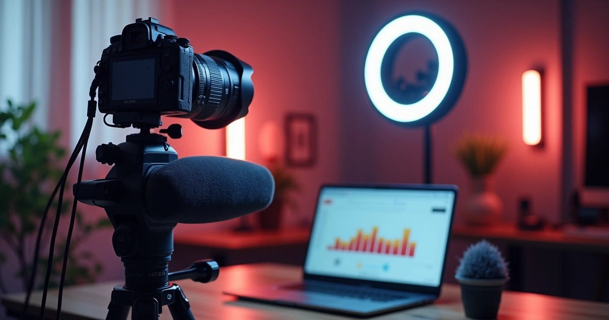 Setup de youtuber com câmera, microfone, tripé, luz de led e notebook 