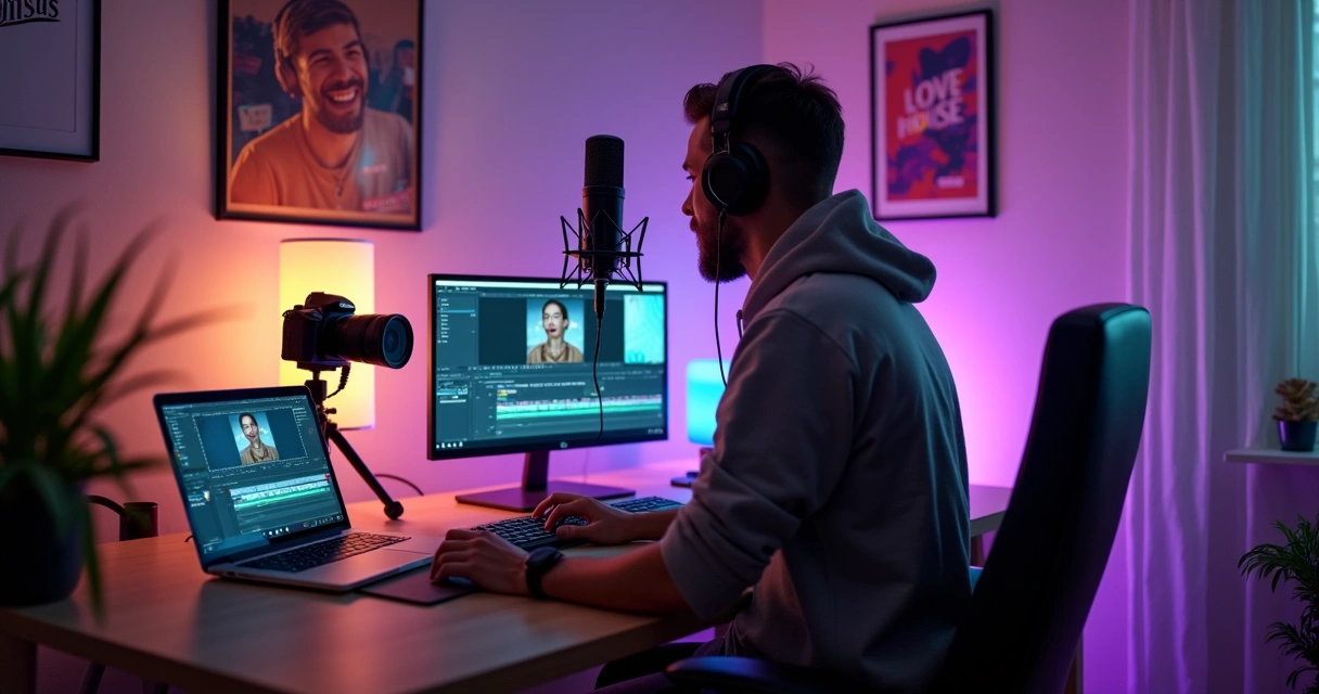 Estúdio com youtuber gravando vídeo com microfone e câmera 