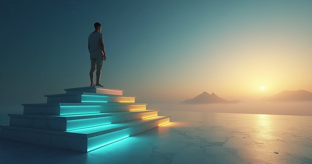 Person standing on luminous steps symbolizing seven levels of evolution 