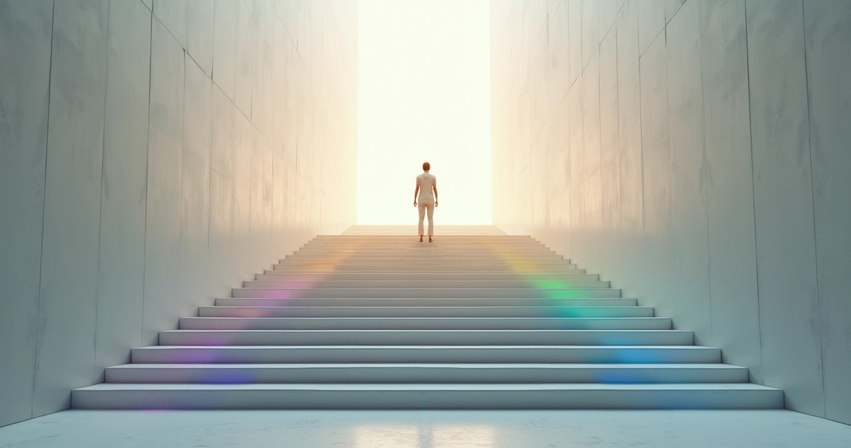 Person on illuminated staircase symbolizing seven levels of conscious maturity 