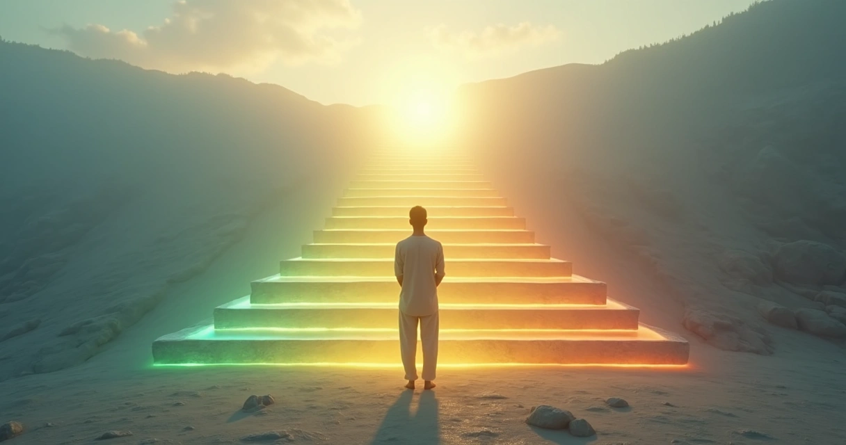 Person standing on luminous staircase with seven glowing levels of consciousness 