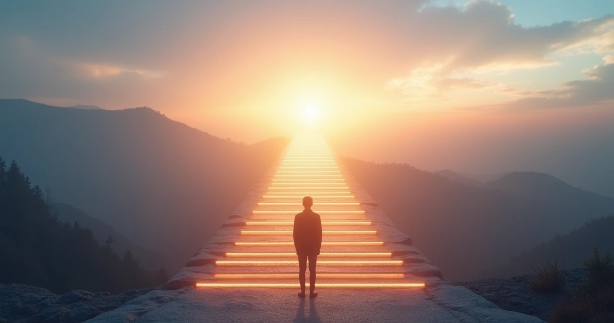 Person standing on a seven-step luminous path symbolizing personal transformation 