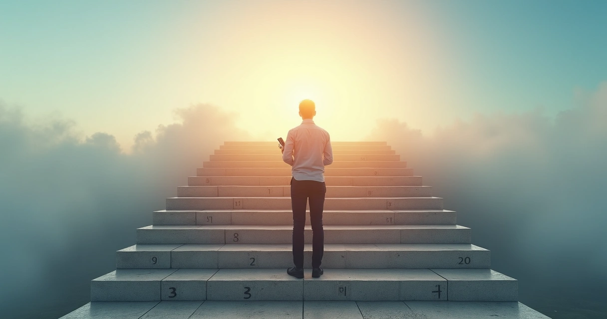 Professional standing on a staircase of seven glowing levels looking toward a clear horizon 