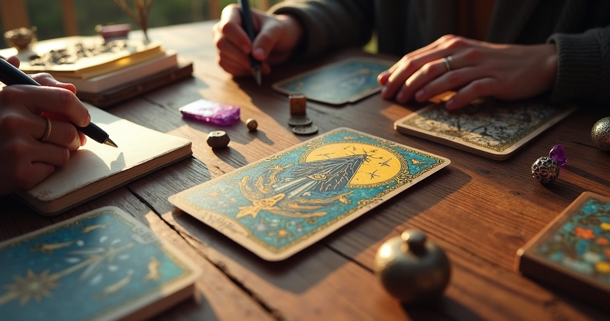 Tarot cards arranged on a wooden table with Seven of Swords visible 