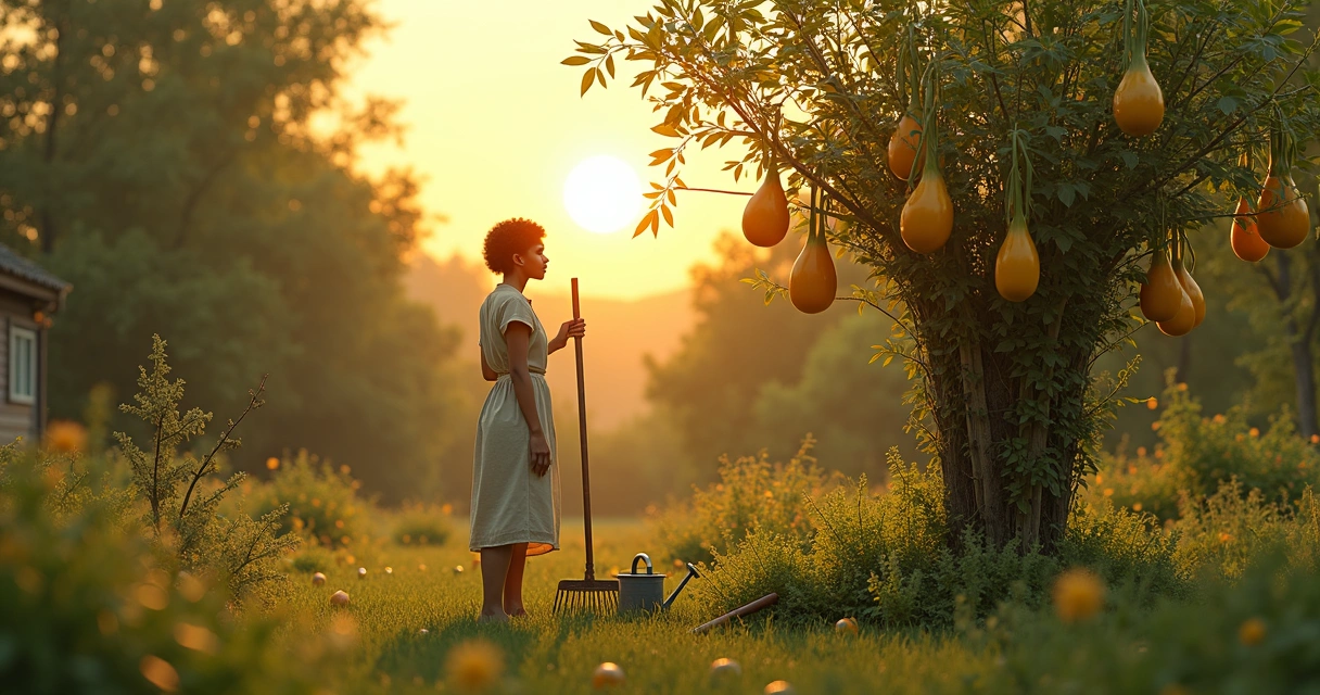 Person in a garden pausing to observe a vine with seven pentacles 