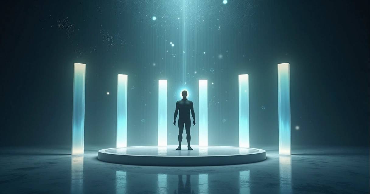 Human silhouette surrounded by seven luminous pillars representing systemic human development 