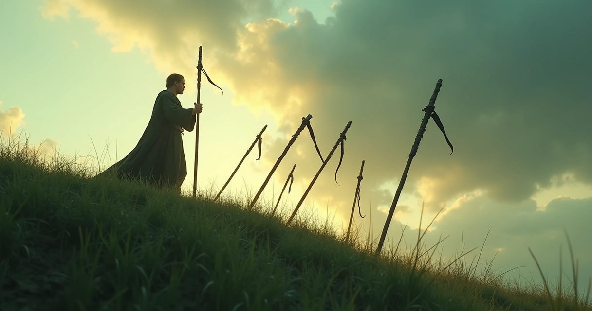 Person standing on a hill with six wands approaching, holding a seventh wand defiantly 