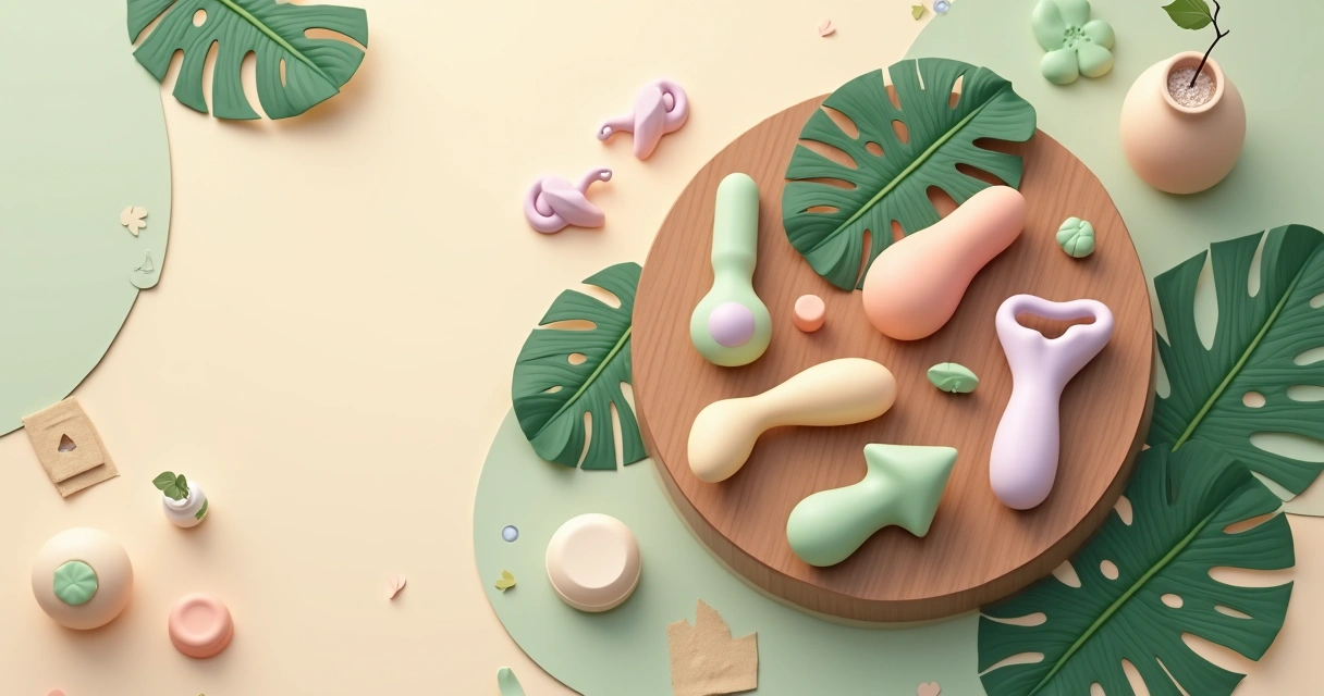 Brinquedos eróticos sustentáveis sobre folhas verdes em estilo ilustração flat 