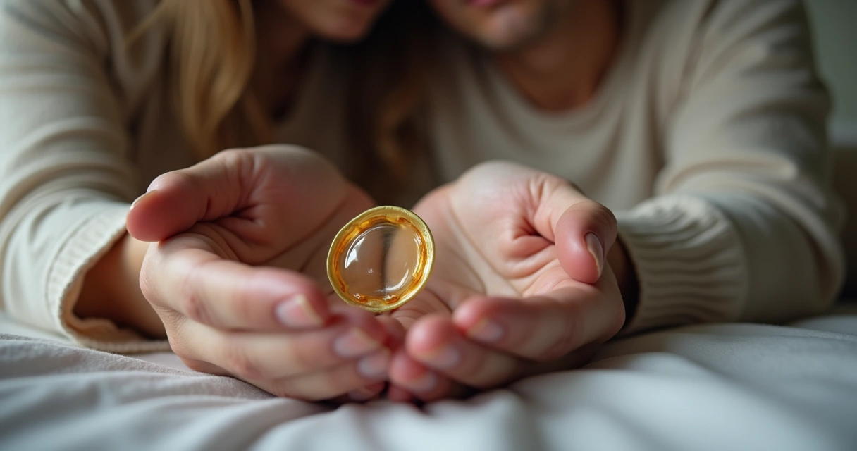 Casal segurando preservativo entre as mãos