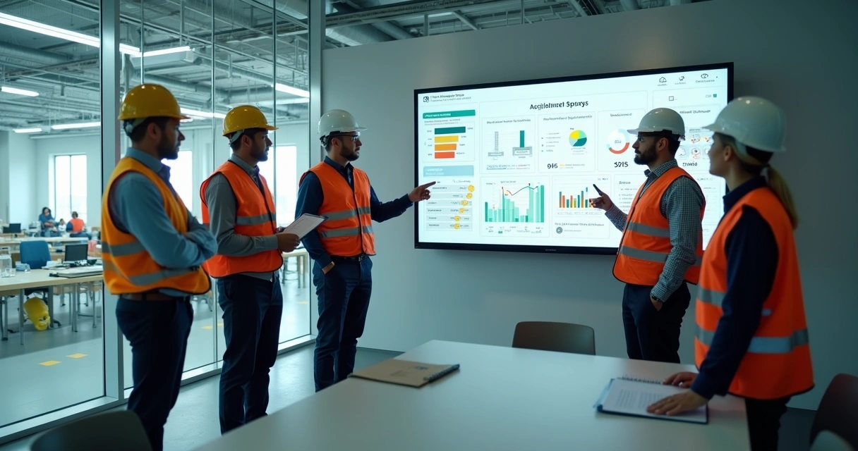 Equipe de segurança do trabalho analisando painel de indicadores de saúde ocupacional 